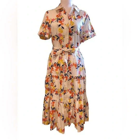 Maggy London White Dress with Floral Accents Amalia Short Sleeve Jersey Size 8 - Picture 1 of 12